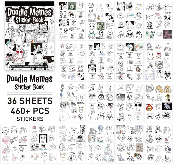PRSTINCOL Meme Sticker Book, 30 Sheets 460+ Pcs, Black and White Funny Meme Stickers for Adults and Teens, Die Cut Vinyl Stickers for Journaling Scrapbooking DIY