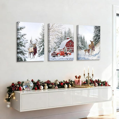 WENGTIAO Christmas Canvas Wall Art 3Pcs Winter Snowy Forest Prints Posters Red Truck Cabin Paintings Reindeer Pictures Vintage Xmas Artwork for Living Room Bedroom Bathroom Office 16”x24”x3
