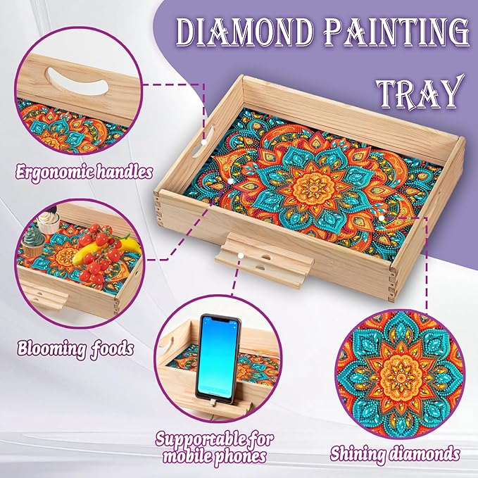 EWJRNSF Diamond Art Kits for Adults Wooden Serving Trays with Handles, 5D Diamond Painting Big Gem Arts and Craft Gifts Trays with Phone Holder Decor Gift Home Decor 12.2x16.1 Inches Mandala