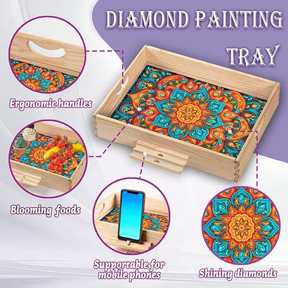 EWJRNSF Diamond Art Kits for Adults Wooden Serving Trays with Handles, 5D Diamond Painting Big Gem Arts and Craft Gifts Trays with Phone Holder Decor Gift Home Decor 12.2x16.1 Inches Mandala