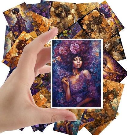 Large Stickers (24 pcs 2.5"x3.5" Each) Strong Gorgeous Women in Beautiful Gold and Purple Flowery Art Nouveau Portraits Vintage Postcards Retro Greeting Card Book Illustration Reprint