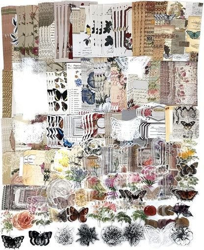 Esweny 260PCS Vintage Journaling Scrapbooking Supplies Scrapbook Sticker Paper Ephemera Pack for Junk Journal Planners Collage Craft Notebooks Album (Flowers and Butterflies)