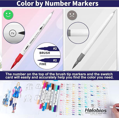 Halobios 120 Dual Tip Art Marker Pens, Color by Number Markers, Professional Brush & Fine Tips Coloring Markers for Student Adults Colouring Book Sketching Drawing Lettering Greeting Cards Gift