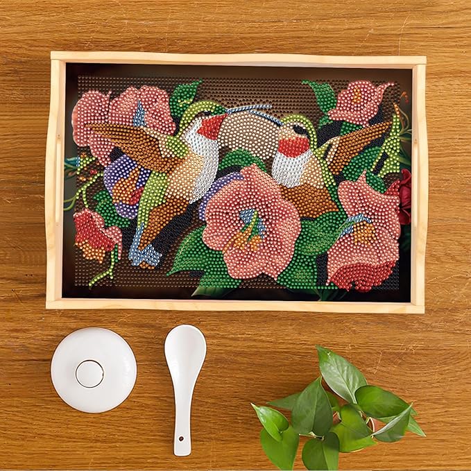 FGbaby DIY 5D Flower Hummingbird Diamond Painting Wood Serving Tray with Handles Diamond Art Serving Trays Wooden Tray for Breakfast in Bed, Patio, BBQ, Coffee Table, Party –Great for Lap & Couch