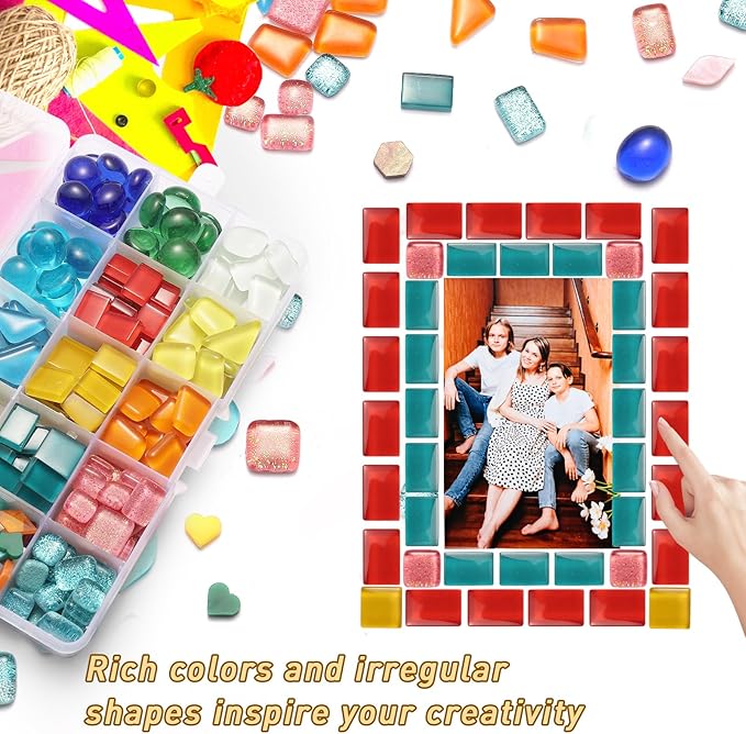 Breelytic 350pcs Mosaic Tiles for Crafts Mixed Colors and Irregular Shapes, Glass Mosaic Kits with Storage Box Stained Glass Pieces for Adults for DIY Art Crafts, Home Decoration