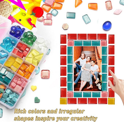 Breelytic 350pcs Mosaic Tiles for Crafts Mixed Colors and Irregular Shapes, Glass Mosaic Kits with Storage Box Stained Glass Pieces for Adults for DIY Art Crafts, Home Decoration