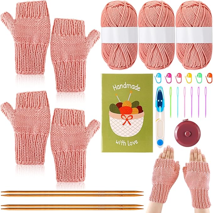 GliCraft Knitting Kit for Beginners Learn to Knit Kit for Adults Gloves Starter Bundle with Step-by-Step Instructions Includes Wool Yarn, Needles & Accessories(Pink)