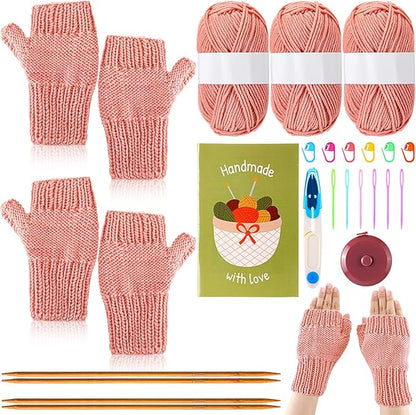 GliCraft Knitting Kit for Beginners Learn to Knit Kit for Adults Gloves Starter Bundle with Step-by-Step Instructions Includes Wool Yarn, Needles & Accessories(Pink)