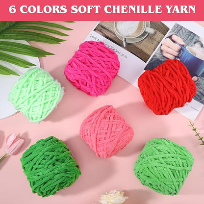 WSICSE Red Green Chenille Yarn, Thick Chunky Fluffy Blanket Yarn for Crocheting Plush Soft for Knitting DIY Christmas Stuffers, 6 Pack 100g Each 3.5 oz 55 Yards