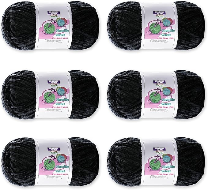 6 Skeins Soft Fluffy Velvet Yarn, Chenille Chunky for Hand Knitting and Crocheting DIY Craft, Amigurumi Crochet Yarns（6×196.8yds, 6×3.5oz） (Black)
