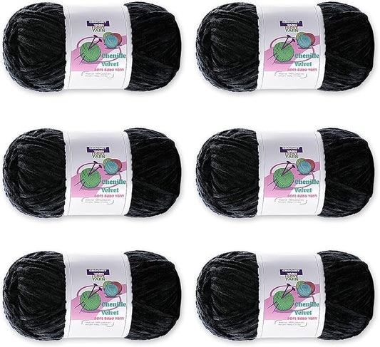6 Skeins Soft Fluffy Velvet Yarn, Chenille Chunky for Hand Knitting and Crocheting DIY Craft, Amigurumi Crochet Yarns（6×196.8yds, 6×3.5oz） (Black)