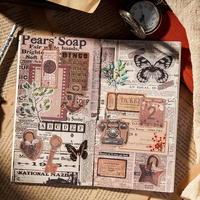 AuriicLeaf Vintage Kraft Paper Sticker Set, 96PCS Retro Scrapbook Supplies for Journaling and Crafts, Includes Keys, Padlocks, Signs, Labels, Frames, Number Plates