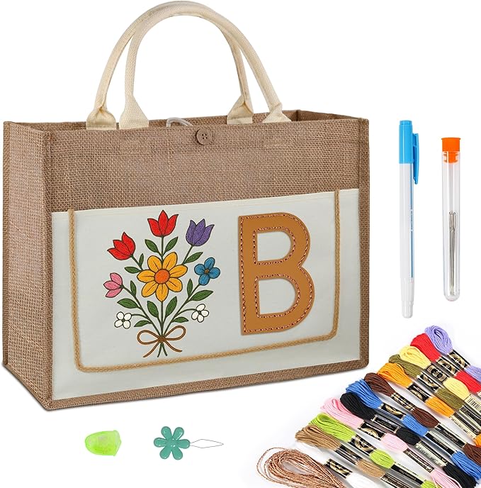 DIY Personalized Canvas Tote Bag with Embroidery Kit, Sturdy Jute Craft Bag with Front Pocket & Water-Resistant Lining, Customizable Gift Tote for Women, Everyday Use, Beach, Work, Groceries (B)