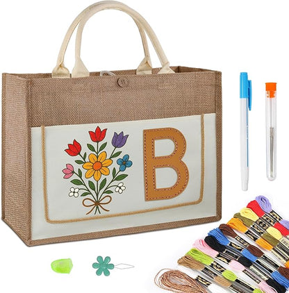 DIY Personalized Canvas Tote Bag with Embroidery Kit, Sturdy Jute Craft Bag with Front Pocket & Water-Resistant Lining, Customizable Gift Tote for Women, Everyday Use, Beach, Work, Groceries (B)