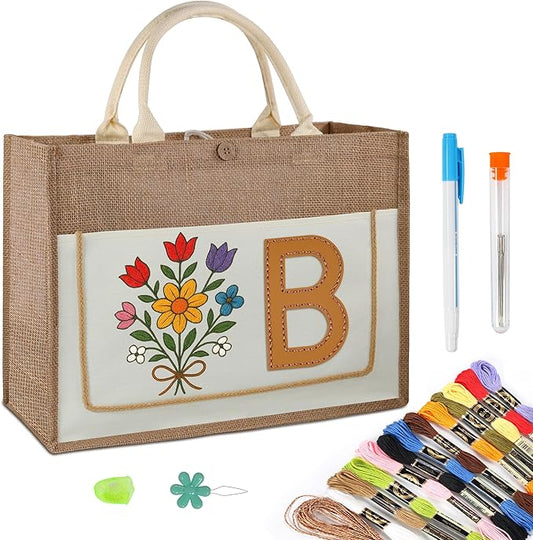 DIY Personalized Canvas Tote Bag with Embroidery Kit, Sturdy Jute Craft Bag with Front Pocket & Water-Resistant Lining, Customizable Gift Tote for Women, Everyday Use, Beach, Work, Groceries (B)