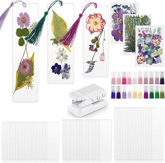 Fuyoooo 50 Pcs DIY Dried Flower Bookmark Making Kit, 3 Size DIY Pressed Flower Transparent Bookmark Laminating Pouches Thanksgiving Christmas Teacher Gift Bulk for Book Lovers(Purple)