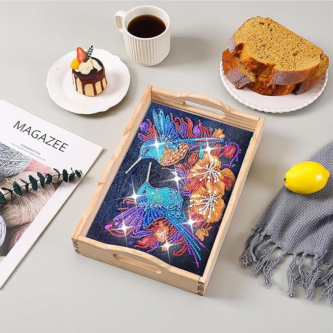 DIY Diamond Art Wooden Tray Kit With Handle, Food Tray for Breakfast, Bar Dinner Table Decoration, Diamond Dots Gem Painting Art Set for Beginners-#23-Hummingbird