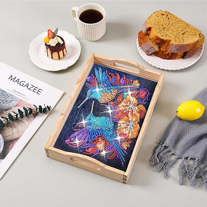 DIY Diamond Art Wooden Tray Kit With Handle, Food Tray for Breakfast, Bar Dinner Table Decoration, Diamond Dots Gem Painting Art Set for Beginners-#23-Hummingbird