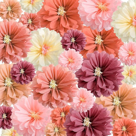 Watersay 24 Pcs 10" 20" Giant Mexican Fiesta Paper Flowers Colorful Tissue Crepe Flowers Pom Poms Craft for Floral Party Backdrop Wedding Birthday Party (Dusty Color)
