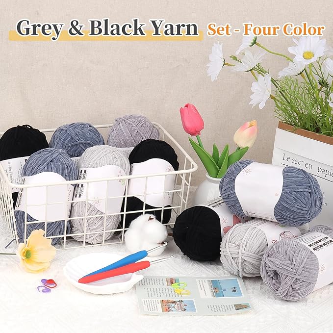 Coopay Skinny Chenille Yarn for Crocheting and Knitting, 12 Pack of 50g/1.76oz - 1764yd Total, Soft Fluffy Crochet Yarn of Baby Weights - Suitable for Baby Blankets, Plush Toys - (Black and Grey)