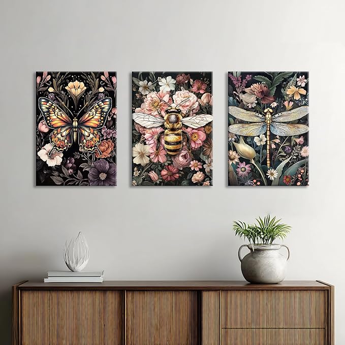 WENGTIAO 3Pcs Vintage Insect Canvas Wall Art Gothic Dark Flower Prints Bee Butterfly Dragonfly Pictures Nature Plant Paintings Artwork for Living Room Bathroom Bedroom 16x24x3