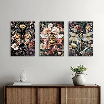 WENGTIAO 3Pcs Vintage Insect Canvas Wall Art Gothic Dark Flower Prints Bee Butterfly Dragonfly Pictures Nature Plant Paintings Artwork for Living Room Bathroom Bedroom 16x24x3