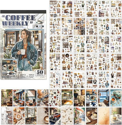 Snycler 2 Books Scrapbooking Stickers - 500 Pre-Cut Washi Stickers & 20 Scrapbook Papers Coffee and People Sticker Books for journaling Scrapbooking Supplies