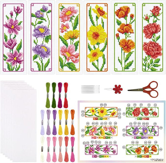 ORIGACH 6 Set Floral Cross Stitch Bookmark Kit for Beginner with Backing Felt Floss Instructions Magnolia Daffodil Rose DIY Stamped Embroidery Bookmark Kit for Adults, Book Lovers