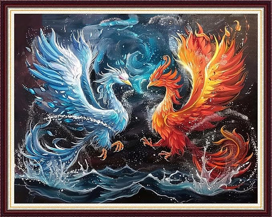 Joycasa Stamped Cross Stitch Kits for Beginners Full Range of Cross Stitching 11 CT Printed Cross Stitch Kit for Adults Cross-Stitch Patterns Needlepoint Kits-Water Fire Phoenix 16x20 inchs