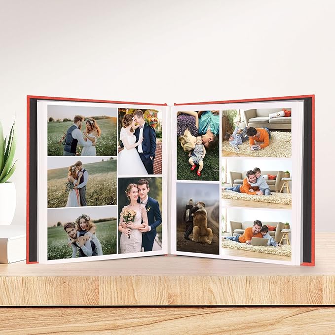 Aenbuslm Photo Album Self Adhesive Pages for 4x6 5x7 8x10 Pictures Scrapbook Magnetic Photo Albums with Sticky Pages Books with A Metallic Pen for Baby Wedding Family 13.2x12.8 Orange 60 Pages