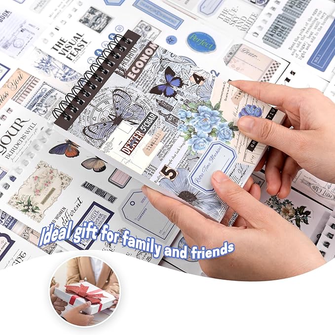 RISYPISY Pre-Cut Vintage Ephemera Washi Scrapbook Sticker Book for Scrapbooking - 50 Sheets Blue Journaling Dark Academia Stickers for Junk Journal Scrap Book Supplies Arts Frame Album, 473PCS