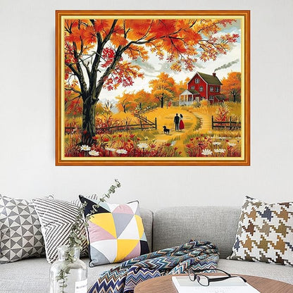 Funart Stamped Cross Stitch Kits for Beginners Full Range of Cross Stitching Preprinted Embroidery Kits for Adults, 11CT Embroidery Pattern Needlepoint Kits-Golden Autumn Walk 16x20 inchs