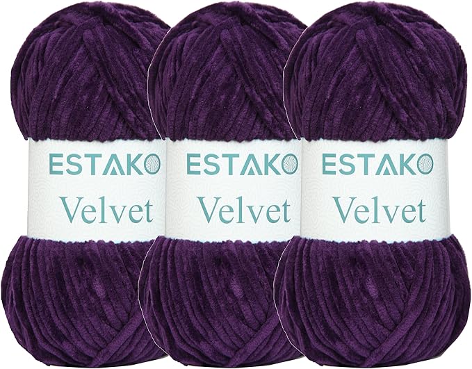 Estako Velvet (3- Skeins Pack) Chenille Blanket amigurumi Yarn for Crocheting and Knitting Super Bulky 3x100 gr (3x132 yds) (1640 - Purple)