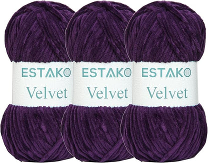 Estako Velvet (3- Skeins Pack) Chenille Blanket amigurumi Yarn for Crocheting and Knitting Super Bulky 3x100 gr (3x132 yds) (1640 - Purple)