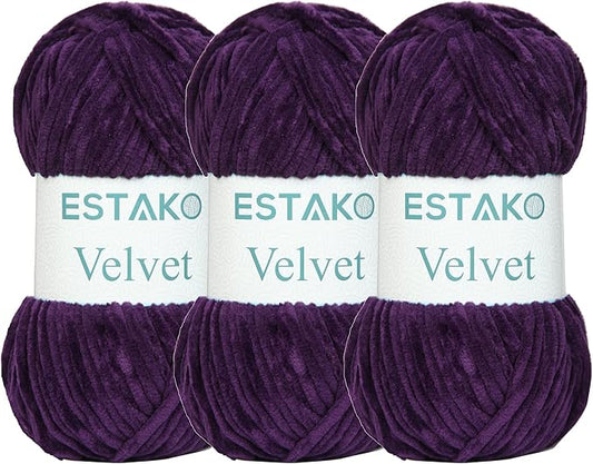 Estako Velvet (3- Skeins Pack) Chenille Blanket amigurumi Yarn for Crocheting and Knitting Super Bulky 3x100 gr (3x132 yds) (1640 - Purple)