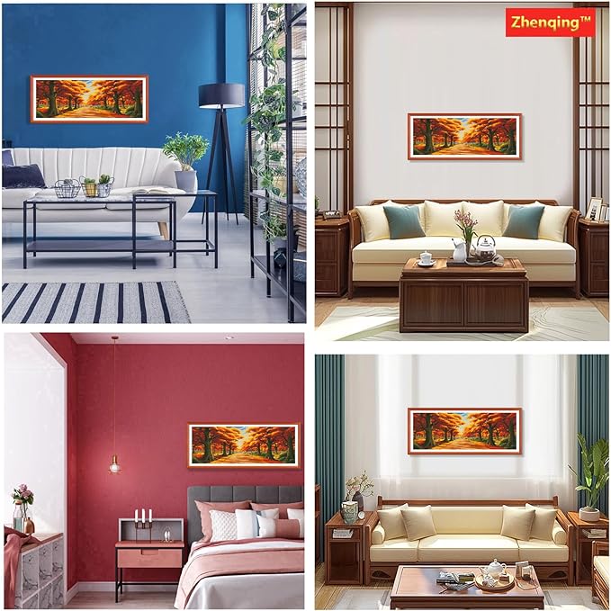 Zhenqing Golden Autumn Cross Stitch Kit – 11CT 152x60cm Large Aida Cloth with Maple Leaves & Stone Path – Warm-Toned Fall Landscape Wall Art Decor(64676)