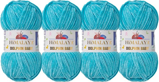 4 Skein/Pack Himalaya Dolphin Baby Chenille Yarn, Each Ball 100 gr (3.5 oz), 120 m (132 Yards), 100% Polyester, Super Bulky Baby Blanket Velvet Amigurumi Yarn, 80315 - Cyan