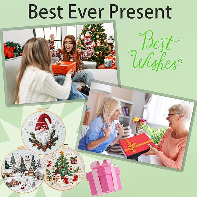 Ohcol 3 Sets Christmas Embroidery Kit,Cross Stitch Kits for Beginners,Needlepoint Kits for Adults with Easy Floral Pattern Hand Crafts,Hoop,Needle