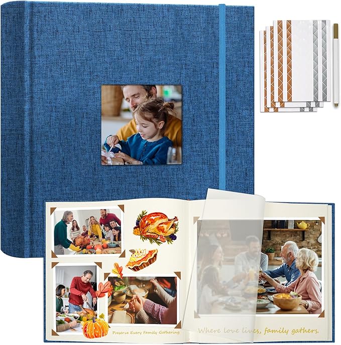 Vienrose Scrapbook Album 12" x 12", Large Linen Photo Album with Writing Space, DIY Scrapbook Supplies for Wedding, Baby, Family Memories & Travel (30 sheets / 60 pages Navy Blue)