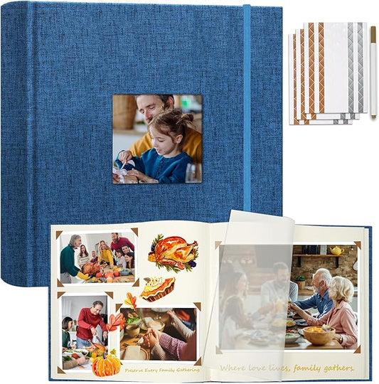 Vienrose Scrapbook Album 12" x 12", Large Linen Photo Album with Writing Space, DIY Scrapbook Supplies for Wedding, Baby, Family Memories & Travel (30 sheets / 60 pages Navy Blue)