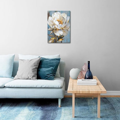 WENGTIAO Rustic White Flower Canvas Wall Art Blue Blooming Peony Floral with Gold Edges Print Pictures Posters Modern Framed Artwork for Bedroom Living Room Bathroom Office Kitchen 12x16in