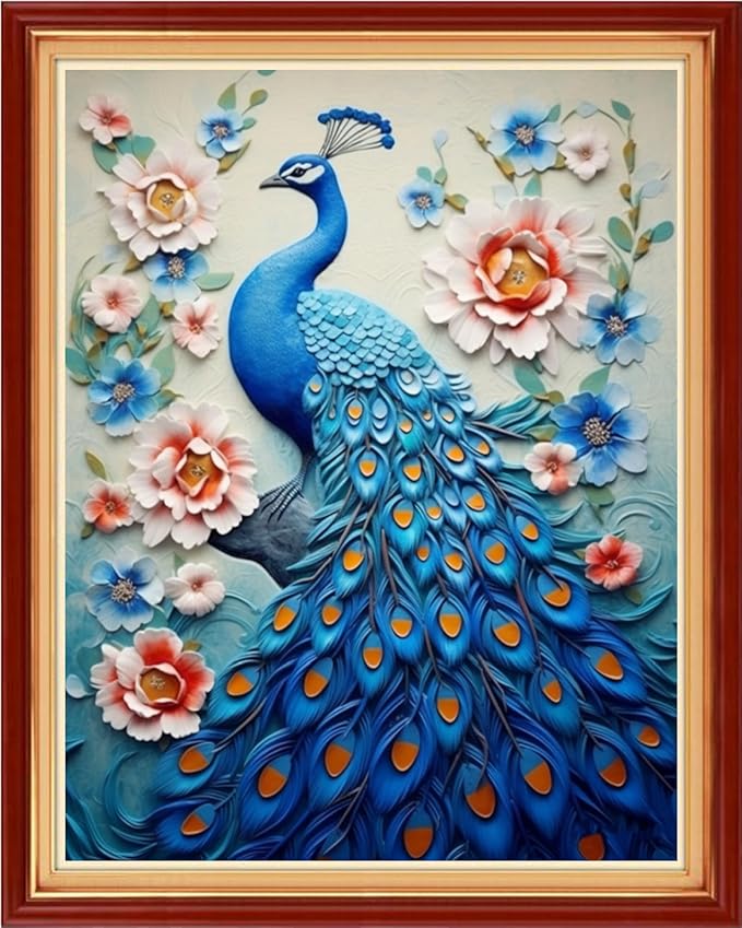 Findvoor Stamped Cross Stitch Kits for Beginner Embroidery Kits for Beginners Adults DIY 11CT Cross Stitch Patterns Needlepoint Kits Crossstitching Kits-Blue Peacock 16x20 inch