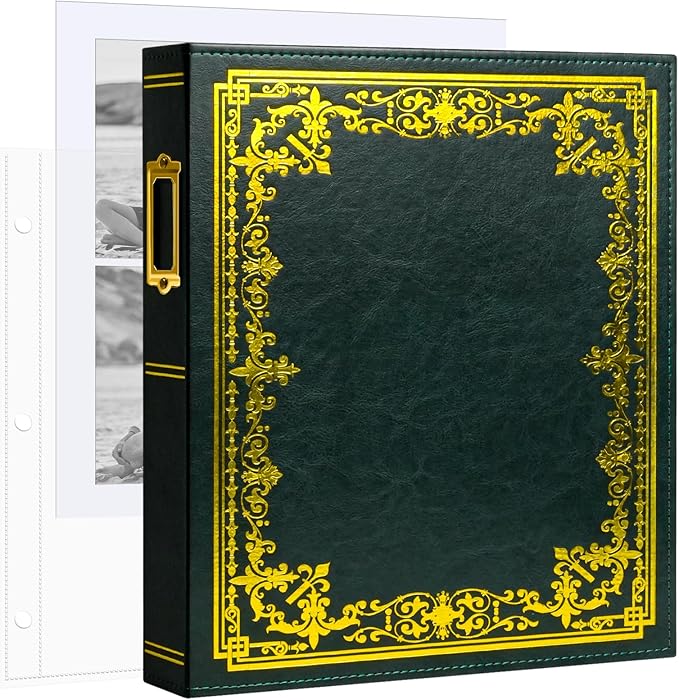 Vienrose Scrapbook Photo Album, 8.5"x11" Faux Leather Cover DIY Scrapbook Album with 50 Sleeves 100 Pages, 3 Ring Vintage Memory Book for Family, Wedding, Birthday, Anniversary, Emerald Green