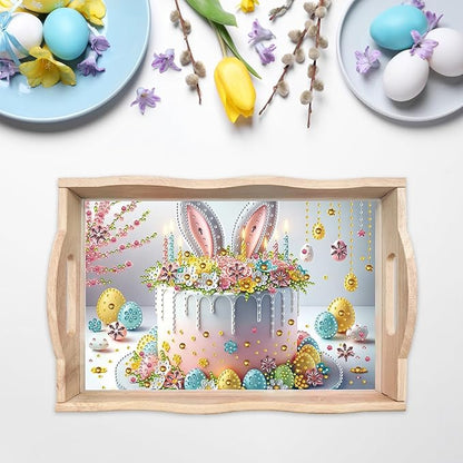 DIY Diamond Art Wooden Tray Kit, Food Tray with Handle Diamond Painted Table Decoration Tray, for Breakfast, Bar Dinner Table Diamond Dots Gem Painting Art Set for Beginners-#42-Easter Cake