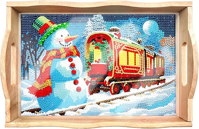 FGbaby DIY 5D Snowman Train Diamond Painting Wood Serving Tray with Handles Diamond Art Decor Serving Trays Wooden Tray for Breakfast in Bed, Patio, BBQ, Coffee Table, Party –Great for Lap & Couch