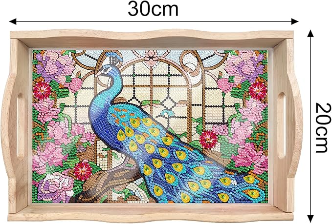 DIY Diamond Art Wooden Tray Kit, Food Tray with Handle Diamond Painted Table Decoration Tray, for Breakfast, Bar Dinner Table Diamond Dots Gem Painting Art Set for Beginners (#03-Peafowl)