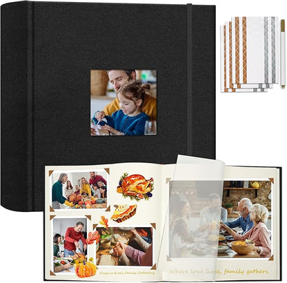 Vienrose Scrapbook Album 12" x 12", Large Linen Photo Album with Writing Space, DIY Scrapbook Supplies for Wedding, Baby, Family Memories & Travel (50 sheets / 100 pages, Black)