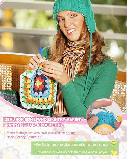Katech Crochet Kit for Adults - Fruits & Floral Granny Square Set With Blocking Mat, Book - Advanced Beginner Learn to Crochet Granny Squares (GRP D)