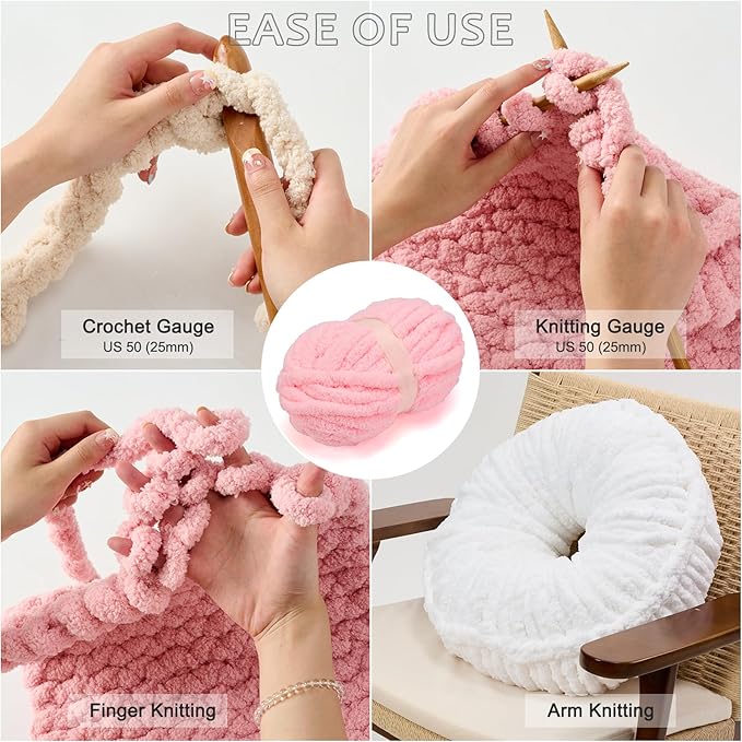 ERLYEEN Chenille Chunky Yarn Super Bulky Soft Thick Fluffy Jumbo Giant Washable Polyester Big Yarn DIY for Arm Knit Blanket Cushion Bed Sofa Home Decor,Light Pink,0.55LB