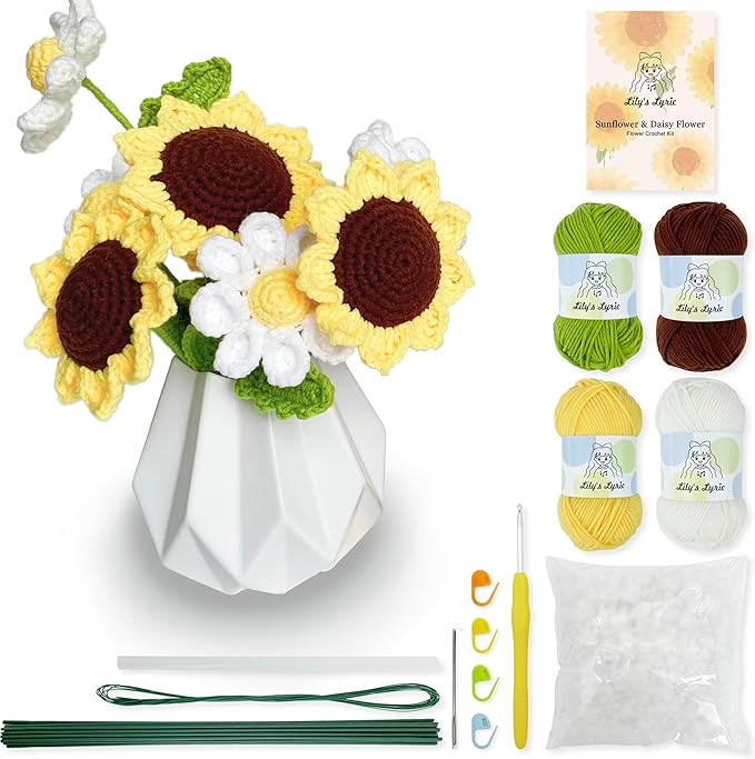 Lily's Lyric Flower Crochet Kit | Sunflower & Daisy Flower | Step-by-Step Video Tutorial for Adults Teenagers | DIY Home Decoration Craft Table Centerpiece